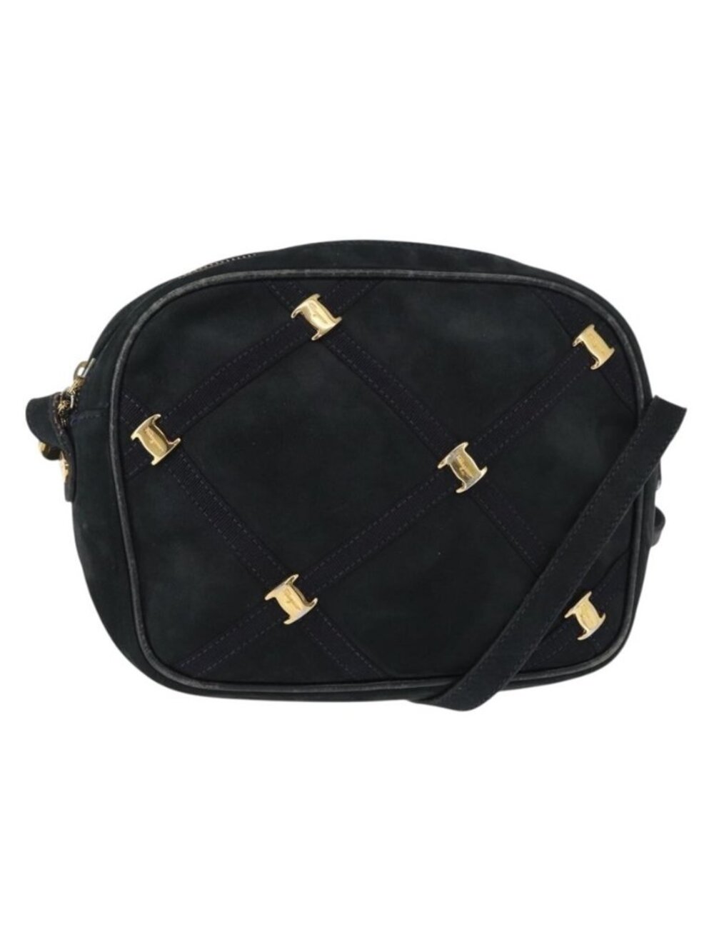 Authentic Salvatore Ferragamo Vala Shoulder Bag Suede Navy Gold